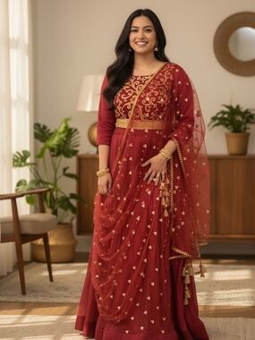 Elegant Red Embroidered Women's Lehnga with Matching Dupatta And Blouse.